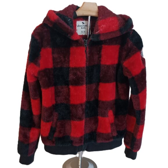 Abercrombie Kids Furry Full Zip Hoodie Red Black Buffalo Plaid Girls 13/14 EUC - Picture 1 of 16